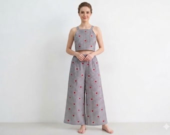 Cotton Co-Ord Set Women, Striped Crop Top & Wide Leg Pants Set,  Casual Lounge wear.