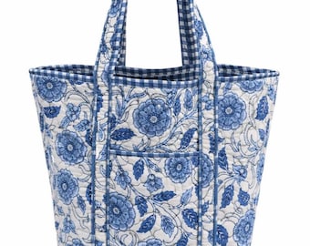 Blue Floral Quilted Tote Bag: Large Cotton Block Print Handbag.