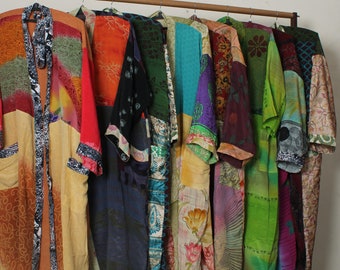 Wholesale Silk Kimono Robe Lot: Vintage Recycled Sari, Patchwork Style