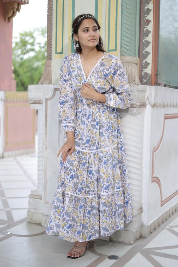 Floral Print Cotton Dress: Handmade Indian Block Print, Summer