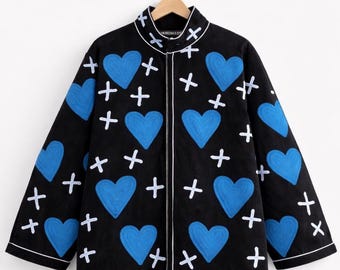 Handmade Velvet Suzani Jacket, Blue Hearts, Indie Streetwear Coat