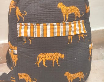 Quilted Block Print Backpack, Boho Leopard Print Cotton Bag, Handmade Travel Daypack