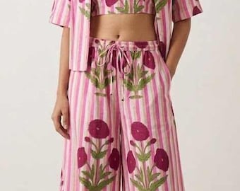 Cotton Co-Ord Set for Women, Floral Crop Top & Palazzo Pants Set,  Lounge wear.