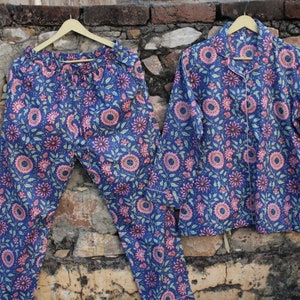 Handmade Cotton Pajama Set: Floral Print Lounge Wear with Pouch