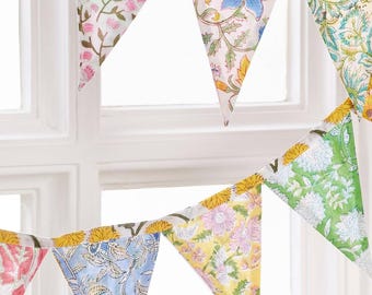 Hand Block Printed Cotton Bunting, Floral Pennant Banner, Boho Party Decor
