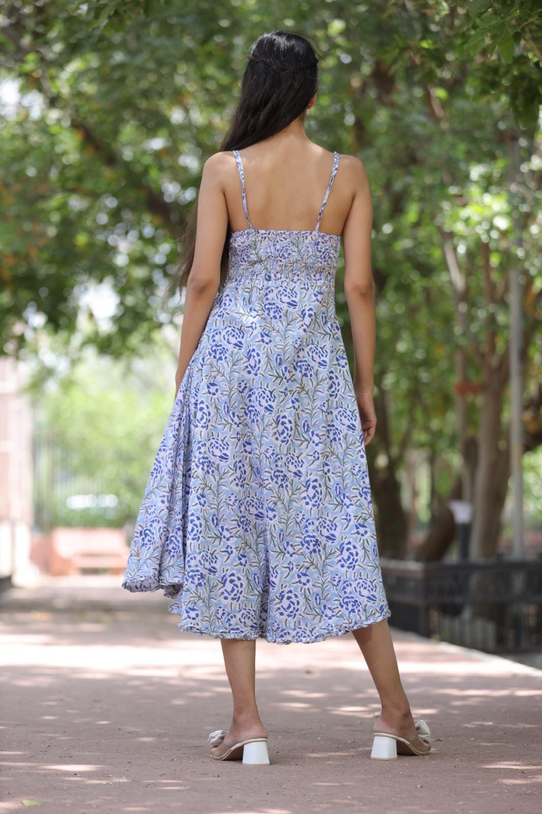 hand block cotton dress Hand Block Print Cotton Midi Dress: Purple Floral Smocked Bodice Dress