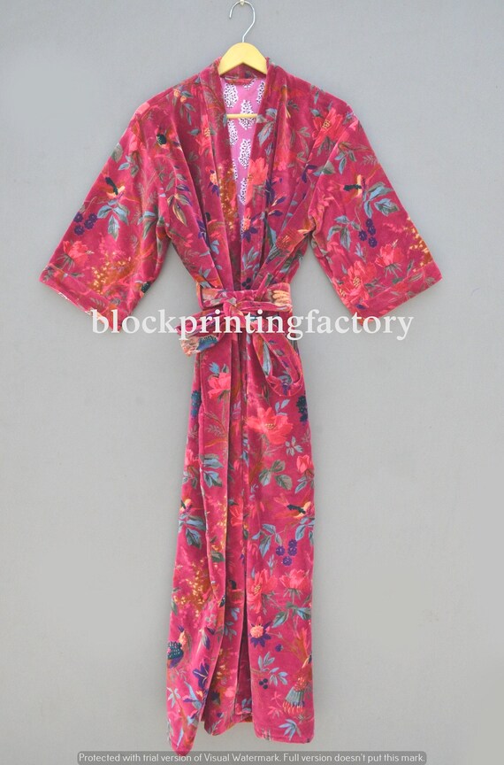 Handmade Velvet Kimono Robe: Floral Print Bohemian Dressing Gown