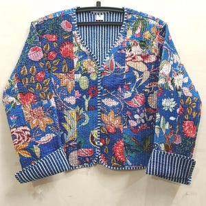 Handmade Cotton Kantha Quilted Jacket: Reversible Block Print jacket.