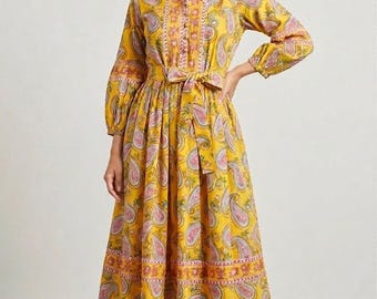 Yellow Paisley Cotton Maxi Dress, Handmade Indian Block Print, Bohemian Summer Wear.