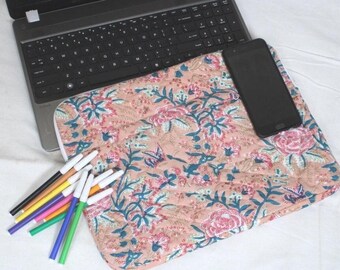 Hand Block Printed Cotton Quilted Laptop Sleeve: Floral Mac-book Case