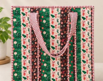 Quilted Cotton Christmas Tote Bag, Festive Patchwork Holiday Carryall
