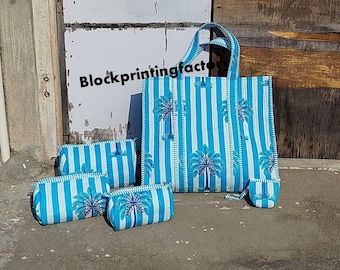 Hand Block Printed Cotton Tote Bag Set, Blue Stripe Palm Print with Pouches