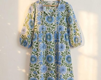 Hand Block Printed Cotton Dress Blue Floral Tunic, Summer Wear ,  Boho Midi dress
