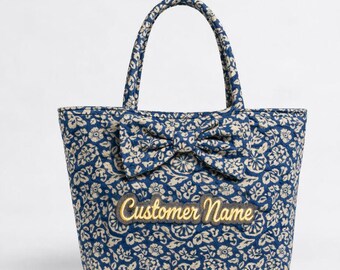 Personalized Quilted Tote Bag, Block Print Cotton, Handmade Indian Bag