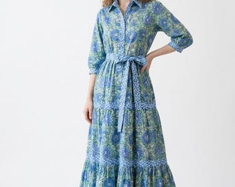 Floral Cotton Maxi Dress, Belted Shirt Dress, Boho Summer outfit, Long Sleeve Resort Wear.