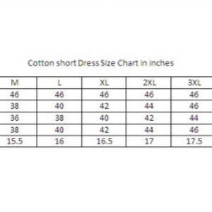 May include: Size chart for a cotton short dress in inches. The chart shows measurements for length, chest, waist, hip, and shoulder in sizes S through 5XL.