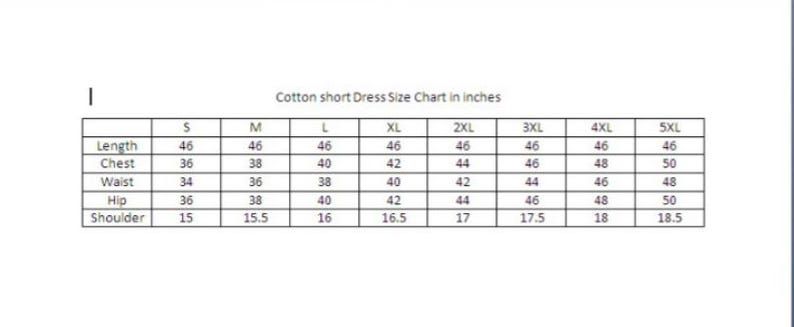 May include: Size chart for a cotton short dress in inches. The chart shows measurements for length, chest, waist, hip, and shoulder in sizes S through 5XL.