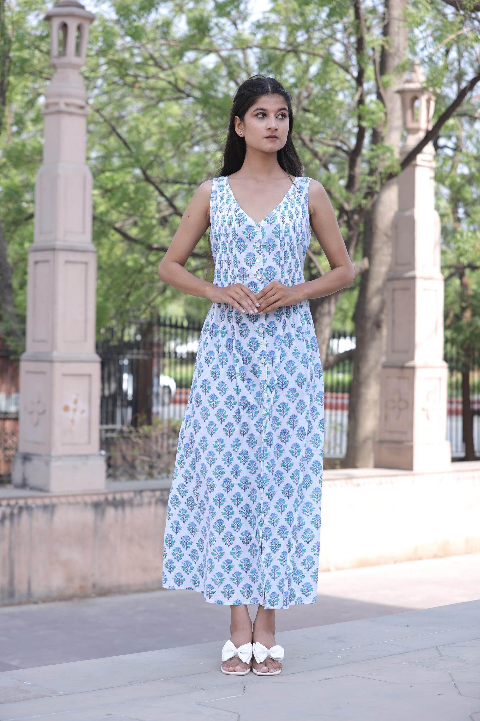 blue and white block print dress Girls