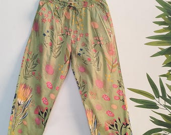 Green Floral Cotton Pajama Pants - Boho Lounge Trousers