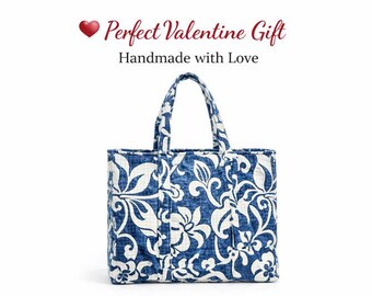 Handmade Quilted Tote Bag – Blue & White Block Print, Valentine's Gift