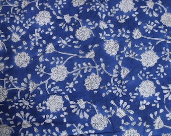 Blue Block Print Cotton Fabric By The Yard: Indian Handmade printed fabric.