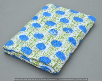 Hand Block Print Cotton Fabric: Blue Floral Sewing Material By The Yard