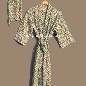 Handblock bedruckte Kimono-Robe aus Baumwolle: Vogelmuster-Strandvertuschung