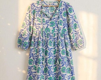 Indian Cotton Block Print Dress, Floral Midi, Summer wear, Boho Dress