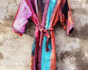 Vintage katoenen kantha-kimonobadjas: omkeerbaar patchworkjack