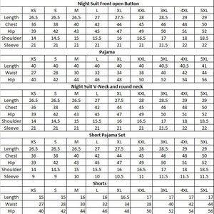 May include: A size chart for night suits and pajamas. The chart shows measurements in inches for different sizes, including XS, S, M, L, XL, XXL, 3XL, 4XL, and 5XL. The chart includes measurements for length, chest, hip, shoulder, and sleeve.