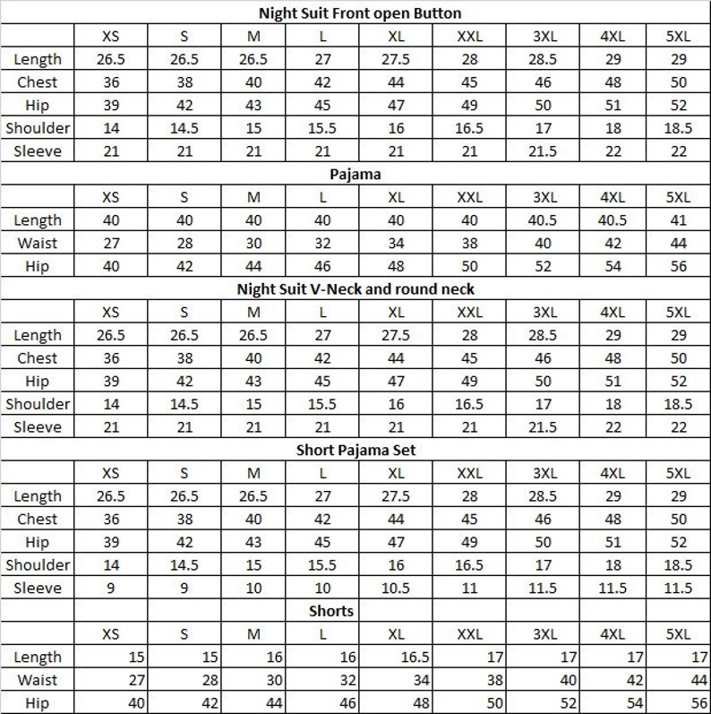 May include: A size chart for night suits and pajamas. The chart shows measurements in inches for different sizes, including XS, S, M, L, XL, XXL, 3XL, 4XL, and 5XL. The chart includes measurements for length, chest, hip, shoulder, and sleeve.