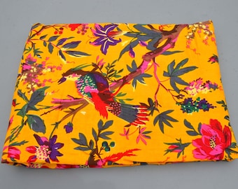 Yellow Bird Print Cotton Fabric: Indian Block Printed cotton Cloth.