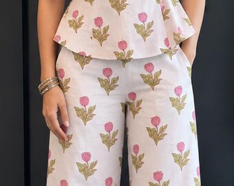Women's Floral Block Print Cotton Co-ord Set: Peplum Top & Wide Leg Pants