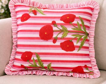 Block Print Boho Pillow Cover, Frill Edge, Handmade Cotton.