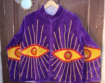 Velvet Suzani Embroidered Evil Eye Jacket: Boho Statement Ethnic Coat | Winter Wear Jacket.