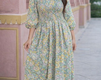 Hand Block Print Baumwollkleid: Indian Floral Summer Wear Kleid.