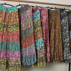 Hand Block Patchwork Skirt: Recycled Silk Blend, Fits 28-46" Waist