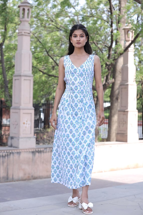 knee length dresses for ladies Elena Tiered Cotton Midi Dress-Blue, Ornamental Floral main image 0