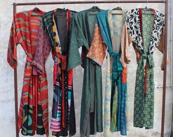 Wholesale Silk Kimono Robe Lot: Handmade Upcycled Sari, Boho Style