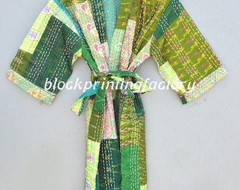 Handmade Cotton Kantha Kimono Robe: Patchwork Beach Cover-Up