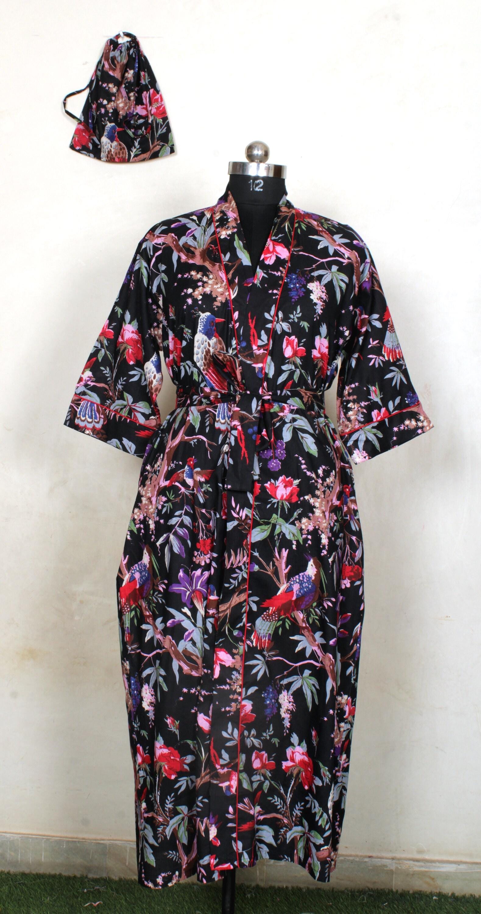 ブロックプリント　インド綿　ガウン　羽織り　着物ローブ ハンドメイドインド綿着物ローブ：ブロックプリントの鳥の花柄ガウン