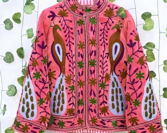 Hand Embroidered Velvet Jacket: Pink Folk Art Boho Coat