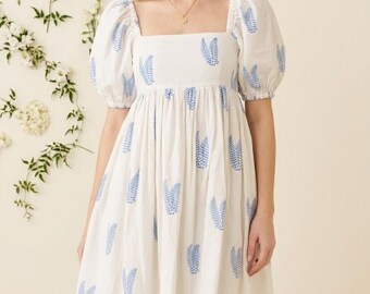 Blue Leaf Print Cotton Mini Dress, Square Neck Puff Sleeve Boho A-Line Summer Dress.