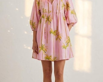 Pink Cotton Palm Print Mini Dress, V-Neck Summer Beach Boho Style