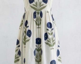 Hand Block Print Cotton Dress, Floral Summer Sundress, Spaghetti Strap Midi Dress.