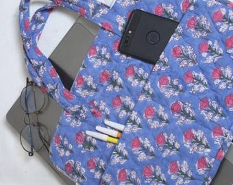 Quilted Floral Laptop Sleeve: Cotton Block Print Zipper Bag.