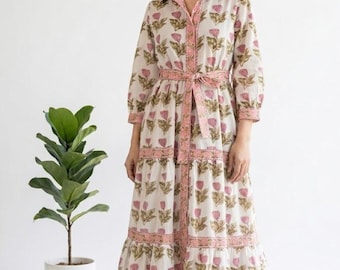 Hand Block Print Cotton Maxi Dress, Boho Floral Summer Tiered Lounge wear