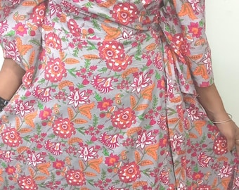 Hand Block Printed Cotton Wrap Dress: Boho Floral Maxi, Beach Cover Up
