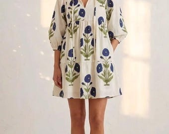 Blue Floral Cotton Mini Dress, V-Neck Boho Summer Vacation Dress