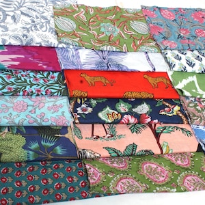 Retales de tela de algodón con estampado a mano en bloque de la India: retazos de patchwork